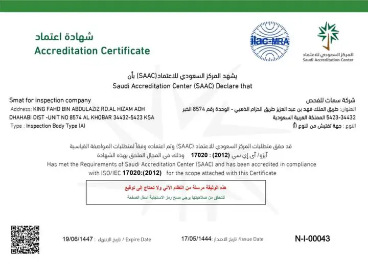 SMAT's SAAC accreditation certificate